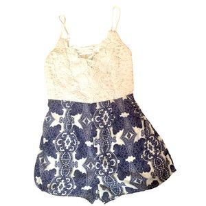 CHARLOTTE RUSSE Blue & White Crochet Shorts Romper One Piece - Size M